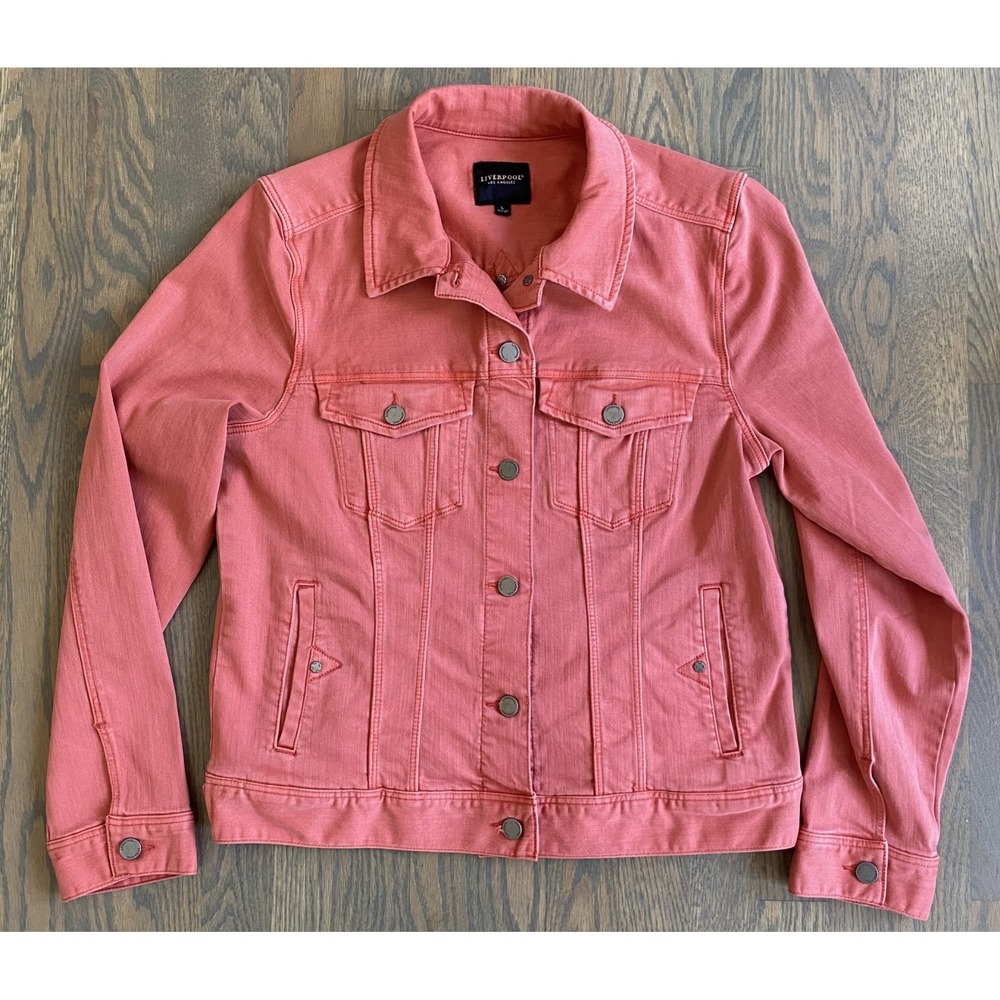 Liverpool Los Angeles Stretch Denim Trucker Jacket L Coral Coastal Cowgirl Boho